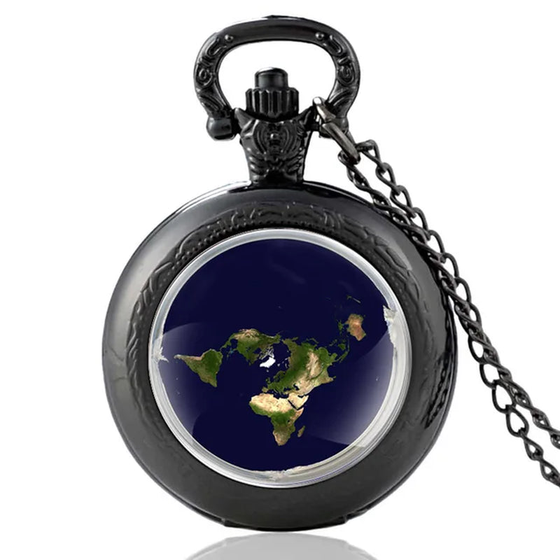 Unique the Earth Is Flat Bronze Vintage Quartz Pocket Watch Men Women Pendant Necklace Hours Clock Gifts