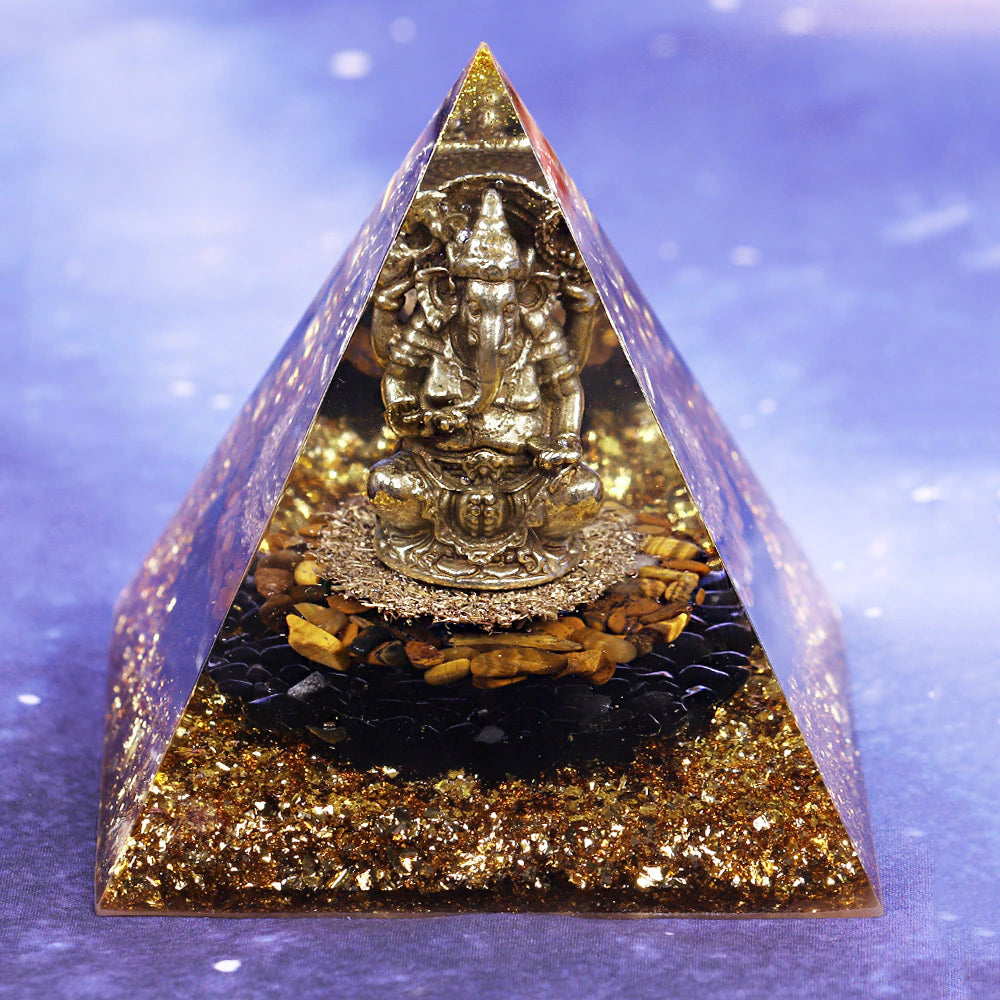 Tiger's Eye Orgonite Pyramid with Ganesh - 10cm Tibetan Buddhist Energy Generator for Protection and Good Fortune