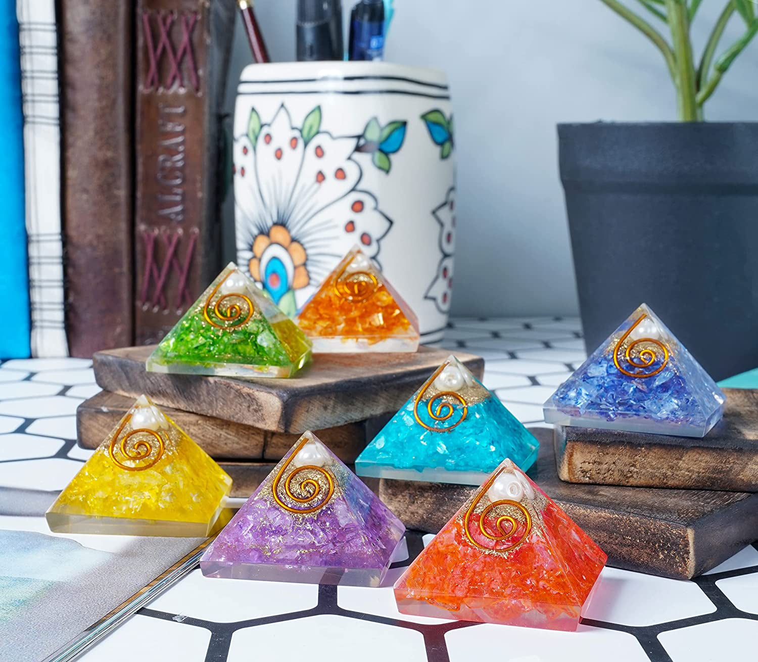 Chakra Balancing Orgonite Pyramid Set - Handcrafted Healing Gemstone Array