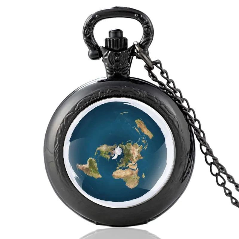 Unique the Earth Is Flat Bronze Vintage Quartz Pocket Watch Men Women Pendant Necklace Hours Clock Gifts