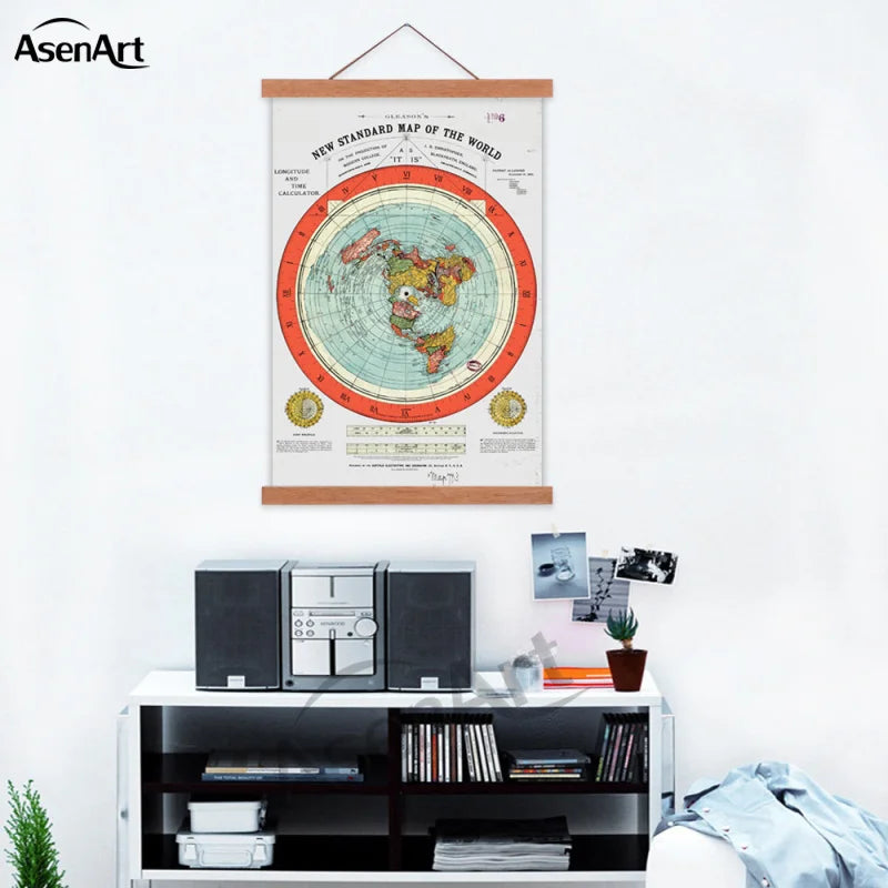 Flat Earth Map Scroll Canvas Poster Gleason'S New Map of the World with Wooden Hanger Frame Wall Painting Picture Room Decor