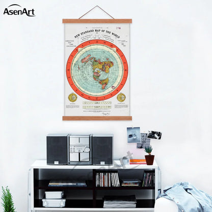 Flat Earth Map Scroll Canvas Poster Gleason'S New Map of the World with Wooden Hanger Frame Wall Painting Picture Room Decor