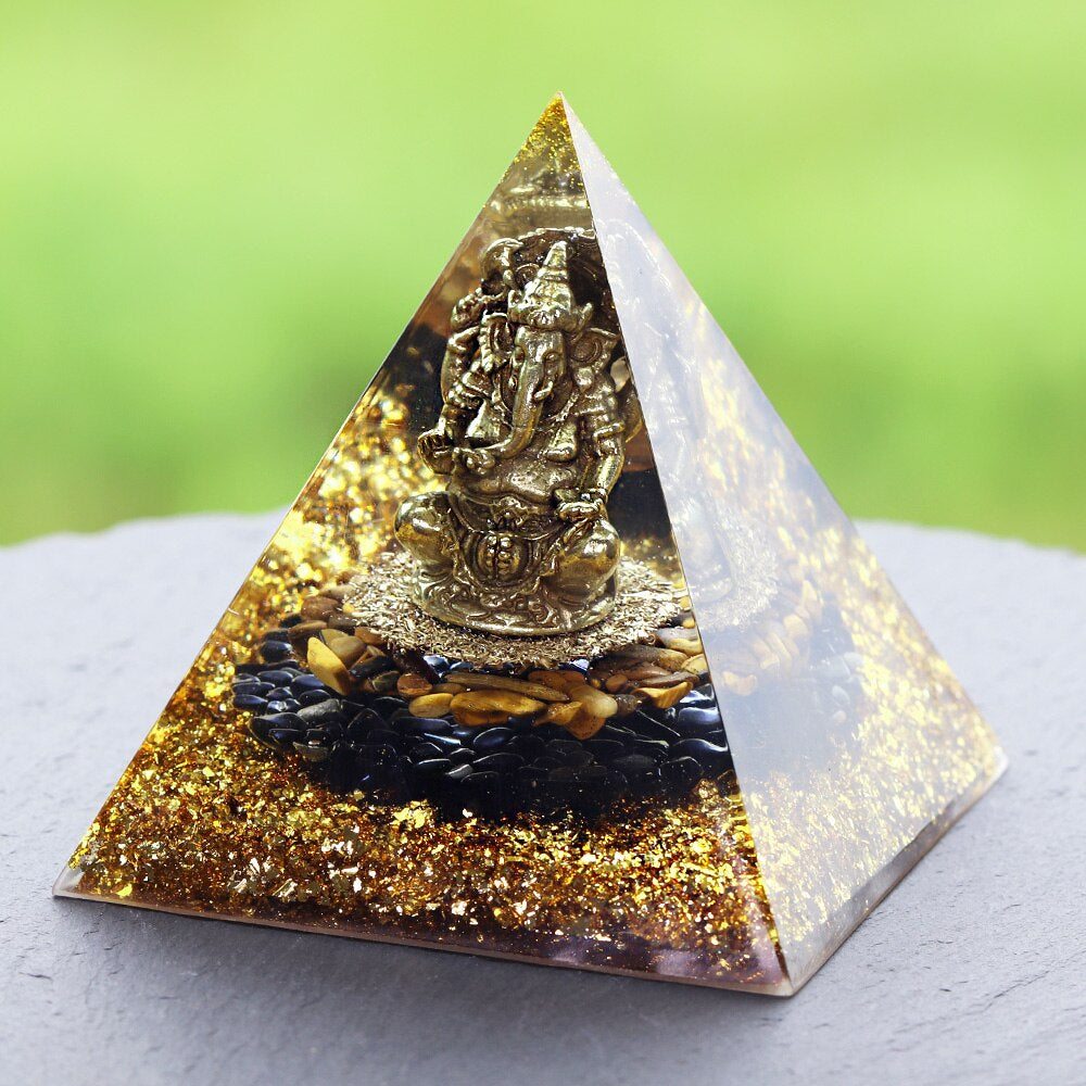 Tiger's Eye Orgonite Pyramid with Ganesh - 10cm Tibetan Buddhist Energy Generator for Protection and Good Fortune