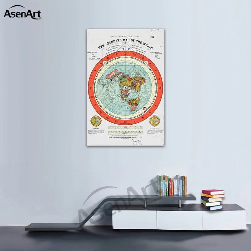 Flat Earth Map Scroll Canvas Poster Gleason'S New Map of the World with Wooden Hanger Frame Wall Painting Picture Room Decor