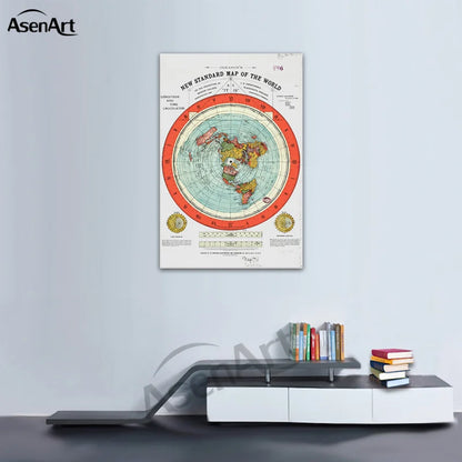 Flat Earth Map Scroll Canvas Poster Gleason'S New Map of the World with Wooden Hanger Frame Wall Painting Picture Room Decor