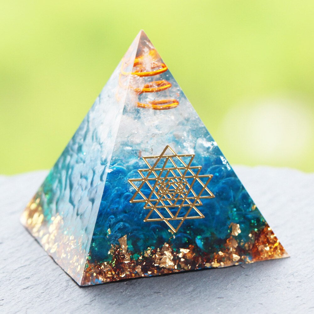 Energy Orgonite Pyramid Blue Glass Gravel Healing Crystals Reiki Chakra Orgone Multiplier Pyramids Fengshui Home Decor