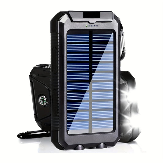 EcoTrek 20000mAh Solar Power Bank - Portable, Fast-Charging External Battery with Dual USB, LED Flashlights & Compass