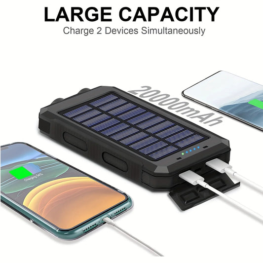 EcoTrek 20000mAh Solar Power Bank - Portable, Fast-Charging External Battery with Dual USB, LED Flashlights & Compass