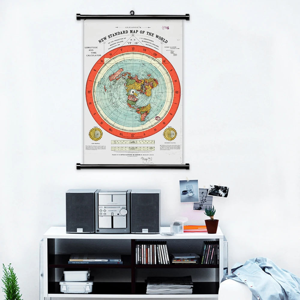 Flat Earth Map Scroll Canvas Poster Gleason'S New Map of the World with Wooden Hanger Frame Wall Painting Picture Room Decor