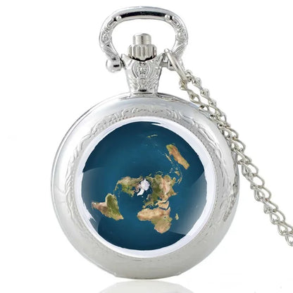 Unique the Earth Is Flat Bronze Vintage Quartz Pocket Watch Men Women Pendant Necklace Hours Clock Gifts