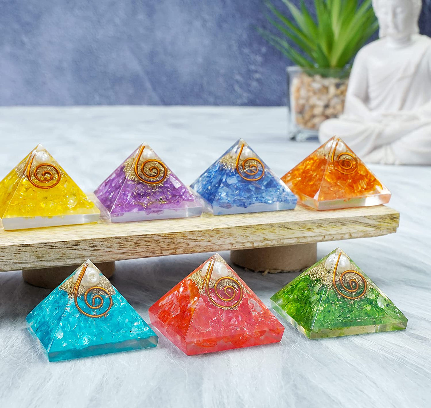 Chakra Balancing Orgonite Pyramid Set - Handcrafted Healing Gemstone Array