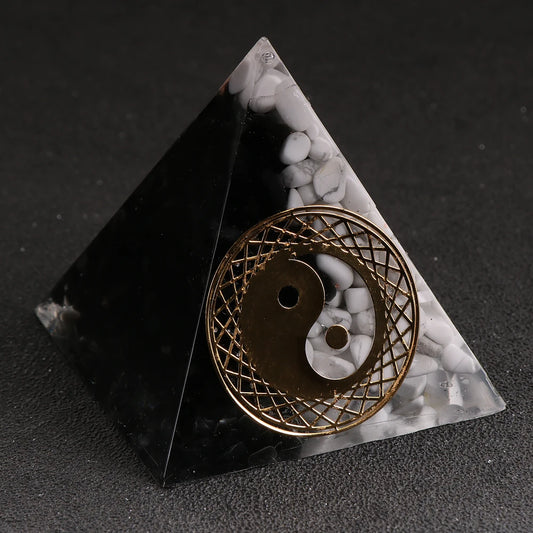 Natural White Turquoises Obsidian Orgonite Pyramid Tai Chi Yin and Yang Energy