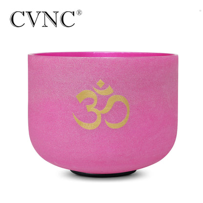 8 Inch Pink Frosted Quartz Crystal Singing Bowl - Crown Chakra B Note with OM Design