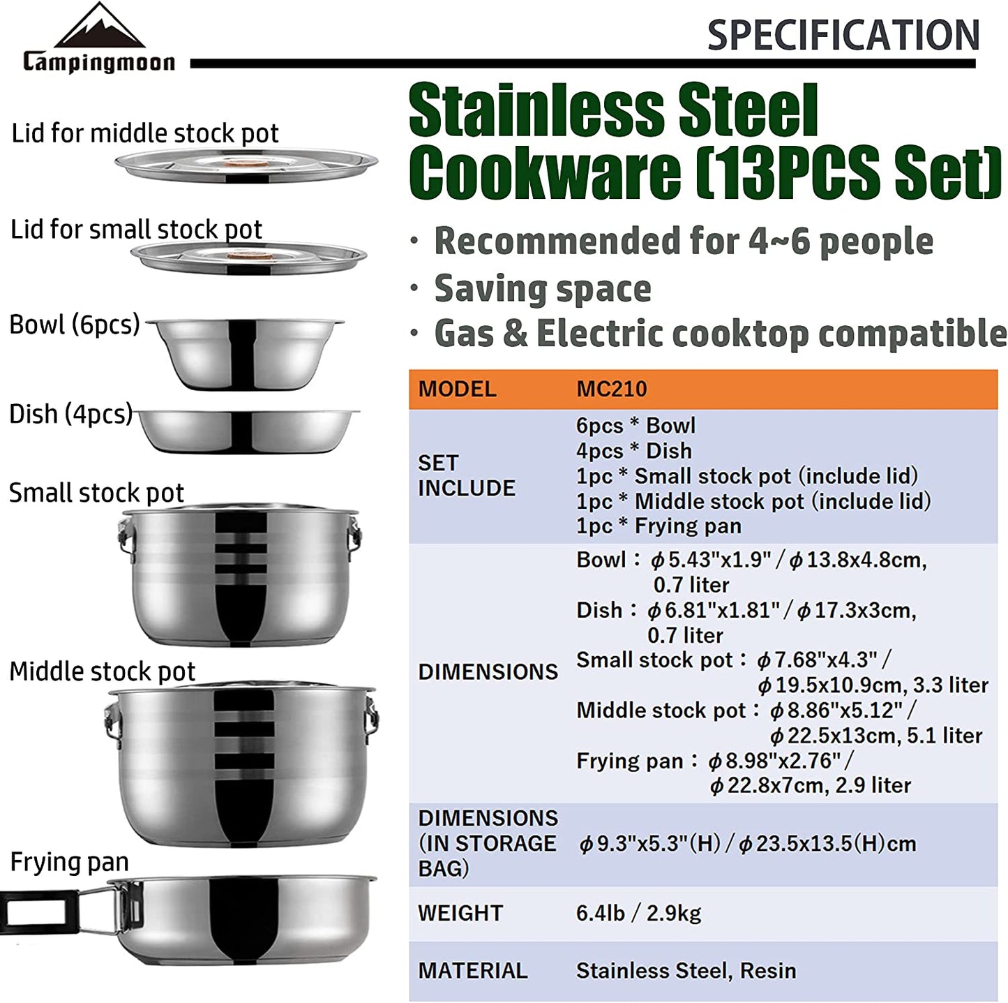 CAMPINGMOON Stainless Steel Outdoor Camping Nesting Mess Kit Cookware Set Pots Pans with Storage Carrying Bag