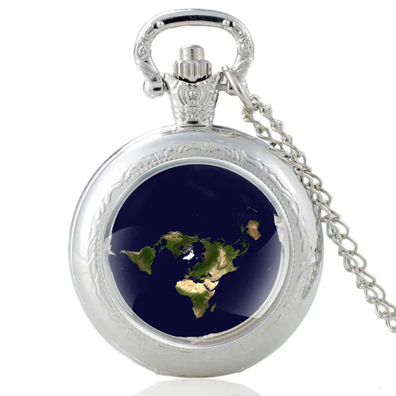 Unique the Earth Is Flat Bronze Vintage Quartz Pocket Watch Men Women Pendant Necklace Hours Clock Gifts