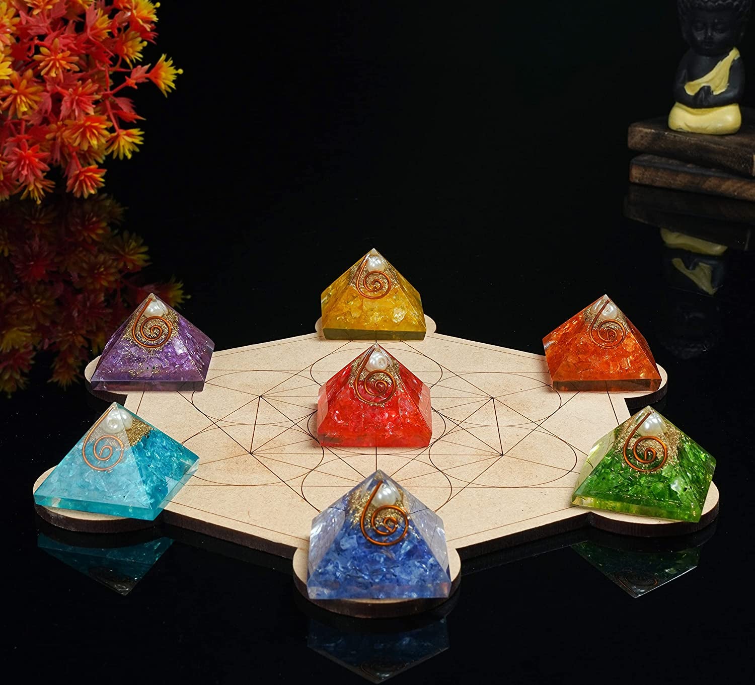 Chakra Balancing Orgonite Pyramid Set - Handcrafted Healing Gemstone Array